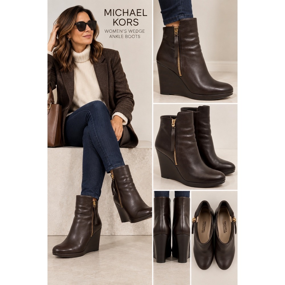 Michael Kors Wedge Boots Women 8M Brown Excellent Leather Gold Zip Platform